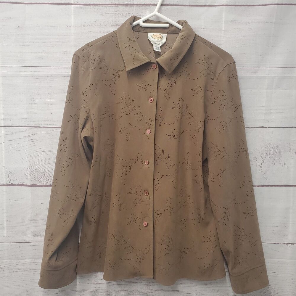 VTG Talbots Brown Lazer Cut Outs Top Size M Long Sleeve Stretch Button Down